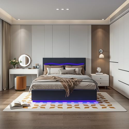 MOTUZP Cama doble tapizada de 160 x 200 cm, cama doble LED con espacio de almacenamiento, cama tapizada con cabecero y somier, cama funcional juvenil, sin colchón