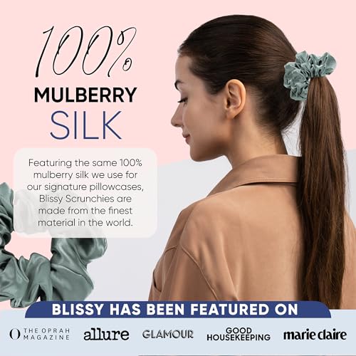 Image of Blissy Silk Scrunchies (3 Pack) - 100% Pure Mulberry Silk - 22 Momme 6A High-Grade Fibers Scrunchie for Straight & Curly Hair (Matcha Skinny)