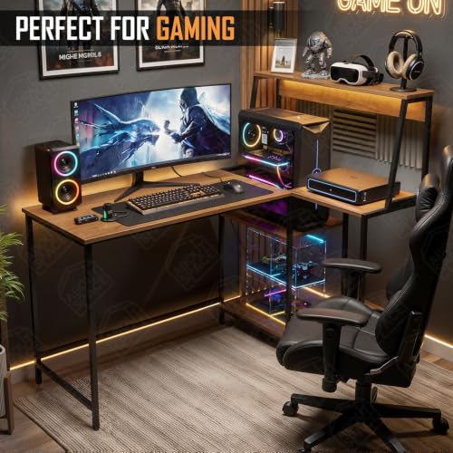 Image of ABOUT SPACE Study Table -L-Shaped Computer Table with Tower & Bottom Storage -Metal Frame Gaming Desk with CPU Stand-Office Desk for Laptop, PC-Engineering Wood (Teak - L 114 x B 89 x H 117cm)