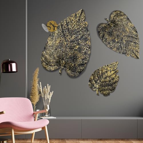 Image of SNS DECOR Luxury Metal Abstract Figures Leaf Wallart Set of 3 Handcrafted Wall Sculpture Wall Art Multicolor For Home Decoration (Black & Gold)