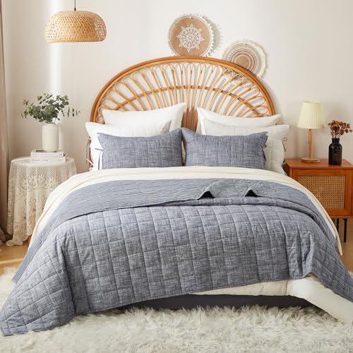 softpage Navy Quilts Queen Size Cotton Bedspreads Queen Size3-Pieces Queen Quilt Set with Blue Stripe Bedding Coverlet Light Weight Quilted Blanket with 2 Pillow Shams
