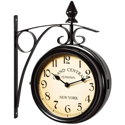Reloj de Pared de Doble Cara Ø17cm Negro Soporte de Hierro Forjado Reloj Estación de Tren Vintage Cover