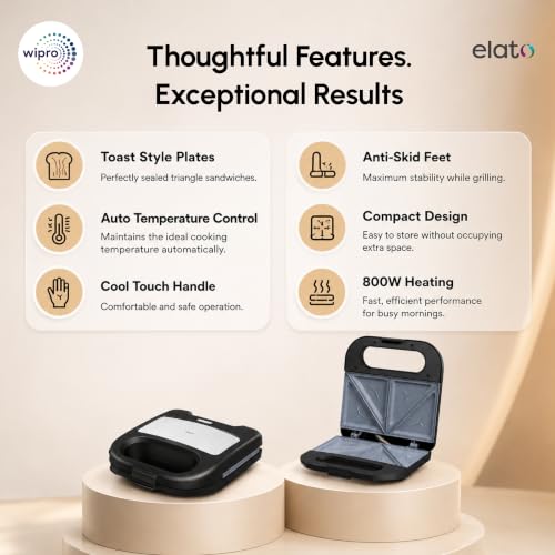 Image of Wipro Elato BS102 Signature 800W Toast Sandwich Maker|Ceramic Coated Plates|BPA Free|PTFE, PFAS & PFOA Free|Auto Temperature Control|Cool Touch Handle|Fits 2 Regular Bread Slices|2 Year Warranty