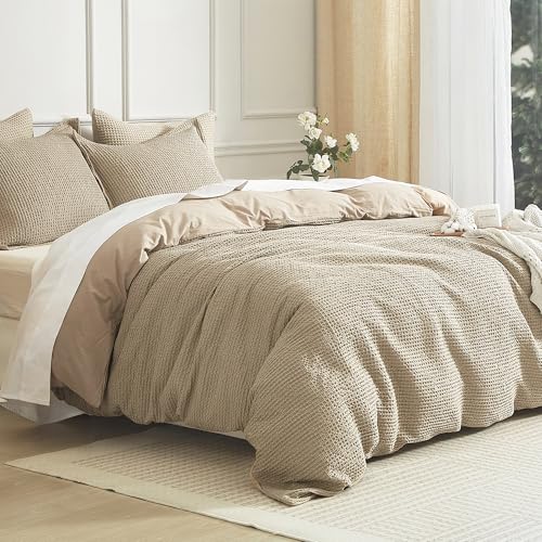 SE SOFTEXLY Waffle Duvet Cover King, 100% Cotton Waffle Weave Bedding Duvet Cover Set, Soft and Breathable Comforter Cover for All Season, 3 Pieces Including Pillow Shams(Khaki, 104”x90”)