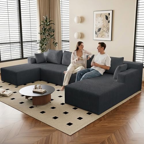 Image of 142 inch U-Shape Cloud Couch, Modern Modular Sectional U-Shape Sofa, Corduroy Boneless Couch Upholstered Couches Deep Seat Sleeper Chaise Longue for Living Room, No Assembly Required,Dark Gray