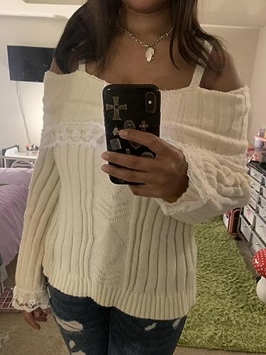 Women Y2K Off Shoulder Top Sweater Long Sleeve Lace Trim Knitted Shirt Fashion Pullover Jumper Top Cute Aesthetic2