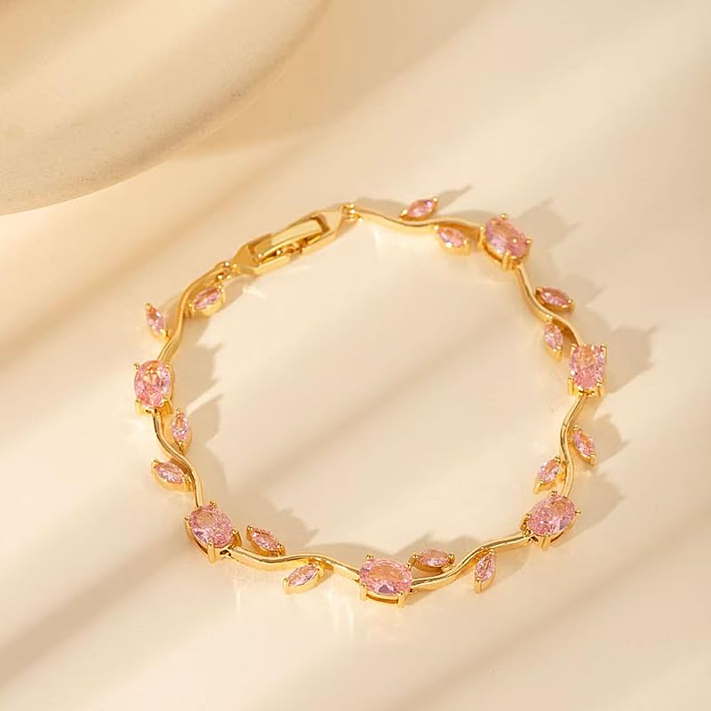 Image of Okos Gold Plated Tulip Pink Stone Bracelet for Women & Girls | Elegant Floral Link Bracelet | Lightweight Adjustable Bracelet for Daily Wear, Party & Gifting