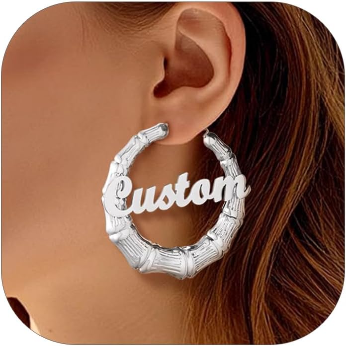 Custom4U Bamboo Hoop Earrings for Women Gold/Silver/Black Large Name Earrings Personalized - Hypoallergenic Lightweight Big Thick Hoops 30/40/50/60/70/80mm - Custom Made Birthday Christmas Gifts