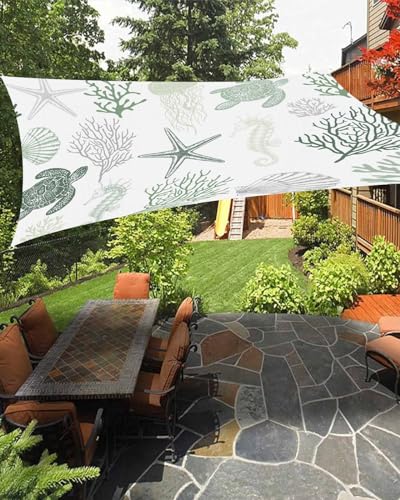 Sage Green Coastal Turtle Sun Sail Shades Rectangle Canopy,Sunlight Block Heavy Duty Curved Backyard Shade Cover,Waterproof Sun Shades for Patio Outdoor,12'x16' Starfish Jellyfish Coral Shell Seahorse