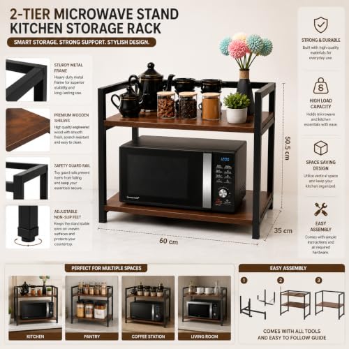 Image of REMANENCE 2-Layer Microwave Stand, OTG Stand, Microwave Oven Platform Rack, Kitchen Storage Shelf (Walnut Brown & Black Pipe,Alloy Steel;Engineered Wood, Tiered Shelf) (Black)