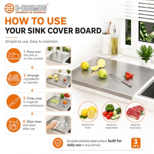 Image of E-COSMOS Large Stainless Steel Cutting Board for Kitchen,Chopping Board for Meat, Vegetables & Fruit, Extra Large Heavy Duty Countertop Surface, Easy to Clean & Durable