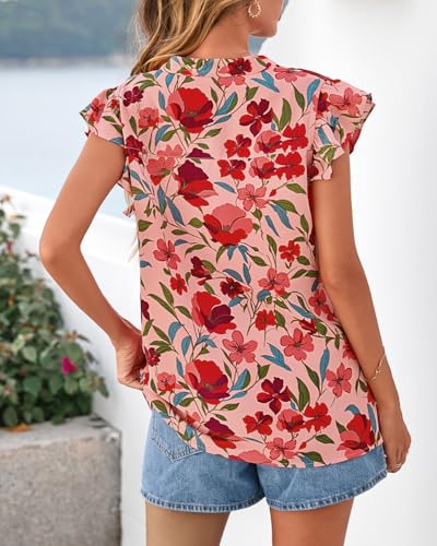 Zenlonr Womens Dressy Casual Tops 2026 Summer Ruffle Cap Sleeve V Neck Shirts Boho Floral Blouses Vacation Outfits(Floral Orange Pink Red,XX-Large) — view 3