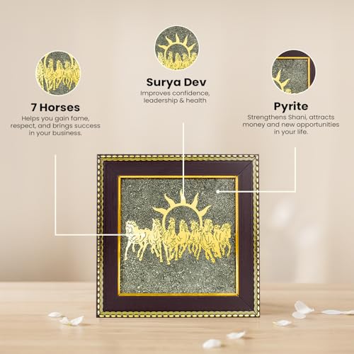 Image of Astrotalk 7 Horses on Raw Pyrite Frame | Seven Horses Wall Decor Pyrite Stone Frame for Success & Fame | Vastu Items for Money Attraction | Wall Decor | Ideal Gift | 7.5x7.5 Inch | 1 Piece