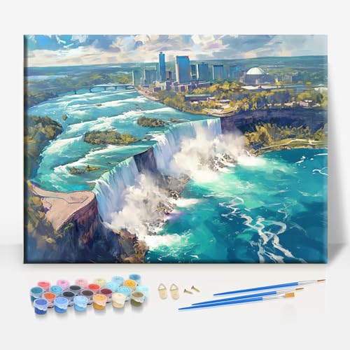Aeontinity Niagara Falls Ontario Location Framed Canvas DIY Paint by Numbers Kit Bar Cafe Cave Home Room Wall Bathroom Porch Patio Decor Gift, 16 x 12 Inch