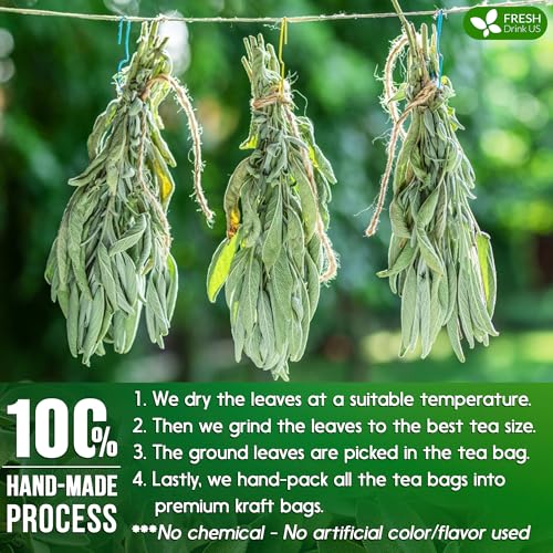 Image of FreshDrinkUS, Premium 15 Sage Leaf Tea Bags, 100% Natural & Pure from Sage Leaves. Loose Leaf Herbal Tea. Made with Natural Material Tea Bags. No Sugar, No Caffeine, No Gluten, Vegan.