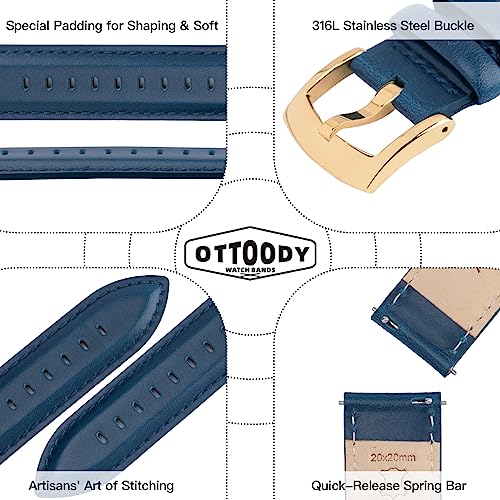 Image of OTTOODY Leather Watch Bands Quick Release, Elegant Top Grain Leather Watch Straps for Men & Women, Choice of Color & Width - 18mm, 19mm, 20mm, 21mm or 22mm Wristbands Bracelet for Watch & Smartwatch