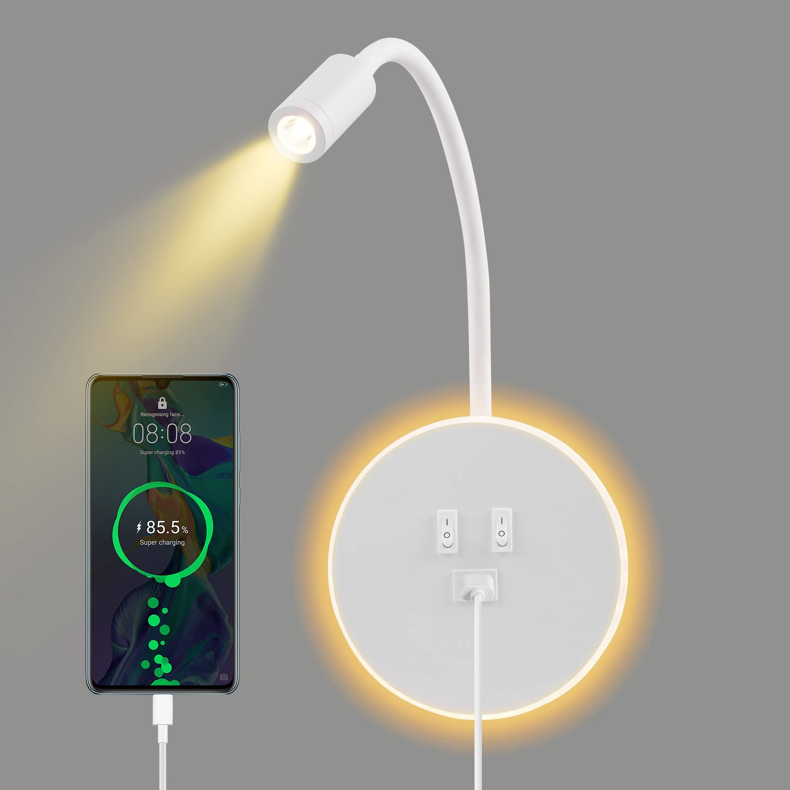 Weigudoc Lámpara de Pared LED, Luz de Lectura Junto a la Cama de Cuello de Cisne, Aplique de Pared Cabecera de Pasillo Ajustable, con Puerto de Carga USB e Interruptor (Luz cálida 3W + 9W)(Blanco)