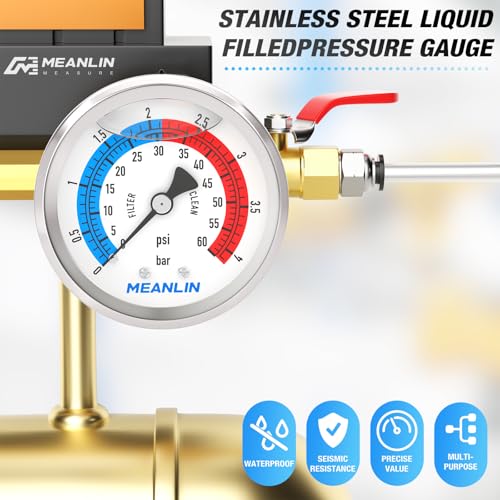 MEANLIN MEASURE 0~4bar/0~60psi 1/4 BSP Manometer mit 2-Zoll-Zifferblatt, glyzeringefüllt, Poolfilter, Gehäuse aus Edelstahl 304, Rückseitige Montage, mit 1/2BSP und 3/8BSP-Sechskantbuchse