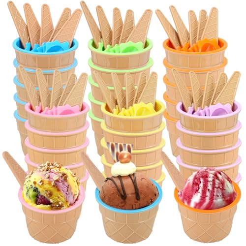 30 Pcs Ice Cream Bowls and Spoons Set Cartoon Candy Color Plastic Ice Cream Cups with Spoons Cartoon Candy Colorice Cream Bowls Set for Dessert Frozen Yogurt Gelato Birthday Party Decorations