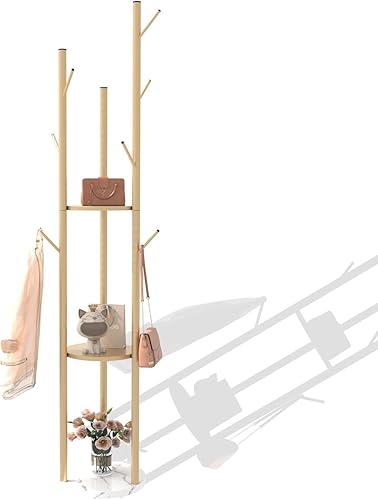 Miniatura 8 de TIEOU Perchero de metal, percheros dorados independientes con estantes y base de mármol, árbol de abrigo con 9 ganchos para bufandas, bolsas,