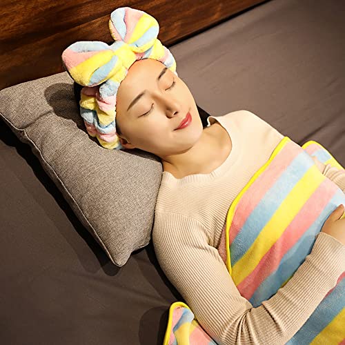 Queenshin Lightweight Plaid Silky Flannel Blanket With The Hairband, 250 Gsm Cozy Soft Fluffy Throw For Sofa Bed, Blue Yellow Pink, 40 * 60 Inch #TOP3