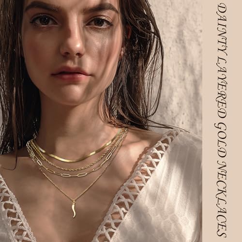 Layered Gold Necklaces for Women Simple Stackable Thin Chain Herringbone Paperclip Cross Italian Horn Layering Pendant Necklaces Stack Trendy Minimalist Choker Necklace Set2