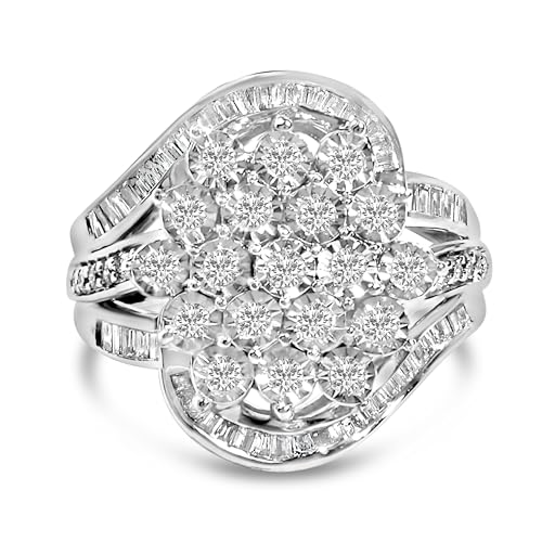 Sterling Silver 1.0 Cttw Diamond Swirl Cluster Cocktail Ring - Size 7