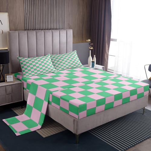 Image of Erosebridal Cute Plaid Bed Sheets Queen Pink Green Checkered Sheet Set Geometric Checkerboard Bedding Set for Kids Boys Girls,Aesthetic Grid Fitted Flat Sheets 4 Piece
