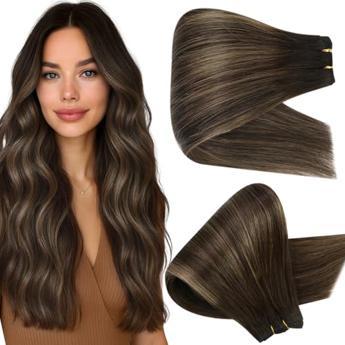 Image of Full Shine Weft Hair Extensions, 22 Inch 130G Dark Brown Hair Weft Sew In | Color Dark Brown To Ash Brown Highlight Dark Brown, Invisible Thick Hair Weft, Sew In Extensions, Add Volume, Event Styling
