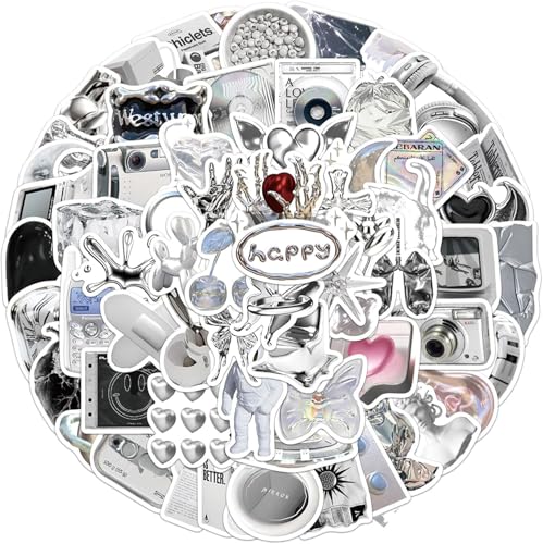 Image of 60PCS Aesthetic Silvery Stickers Y2K Sticker for Teens Adults Vinyl Waterproof Retro Vintage Stickers for Journaling Water Bottles Laptop Scrapbook Phone (Silvery Sticker)