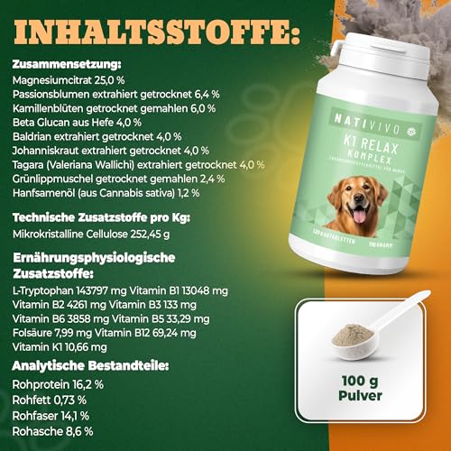 NATIVIVO K1 Relax Komplex Pulver Beruhigungsmittel für Hunde - Baldrian Hanföl & L Tryptophan Hund Beruhigung - Hunde Beruhigungsmittel unterstützend bei Angst & Stress - Beruhigung Hund - 100 Gramm