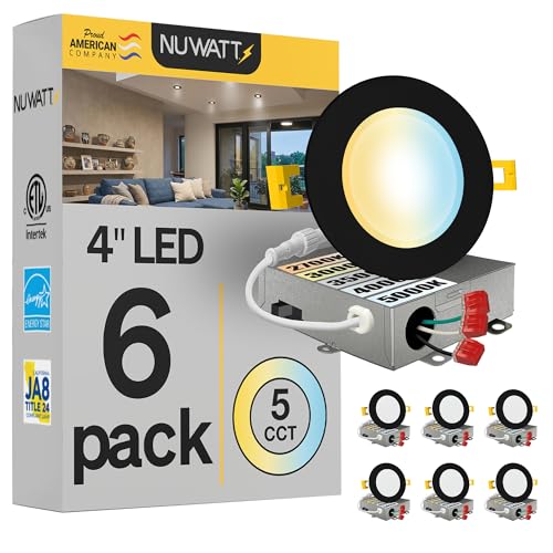 NUWATT 6 Pack 4 Inch Ultra-Thin LED Recessed Lighting Black 5CCT 2700K/3000K/3500K/4000K/5000K Selectable 630LM 9W IC Rated Dimmable Canless Wafer Light Damp Rated Pot Lights with Metal J-Box