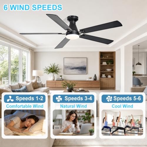 Image of Depuley Modern Ceiling Fan with Light: 52-Inch Black Flush Mount Fandelier | Bedroom Indoor Outdoor Use, 5 Reversible Walnut Blades, 6 Fan Speeds, Timing Function, Dimmable 3CCT, Remote Control Included