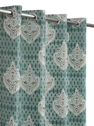 Image of Homefab India 2 Piece Polyester Printed Curtains Room Darkening Panel - Long Door 9 feet, Damask Green Curtain