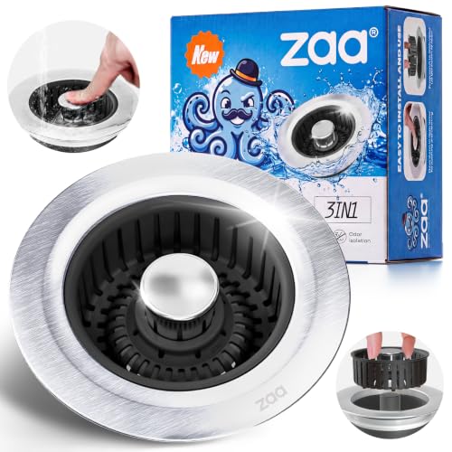 Image of zaa Sink Drain Strainer - 3 in 1 Kitchen Sink Stopper, Stainless Steel Kitchen Drain Plug & Cover with Anti-Clogging Basket Strainer, Fit US Standard 3-1 /2'' Sink Drain Hole, Brushed Black