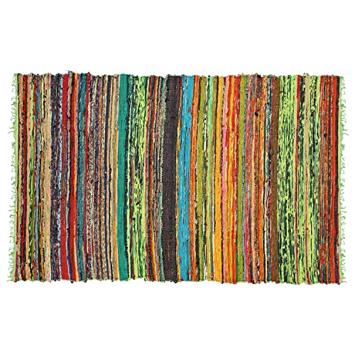 India Artistic Multi Color Chindi Rag Rug 4X6' | Hand Woven Rug & Reversible Rug | Recycled Cotton Chindi Rug For Living Room Kitchen | Rustic Rug | Cotton Rug | Runner Rugs (Green Colour) #TOP5