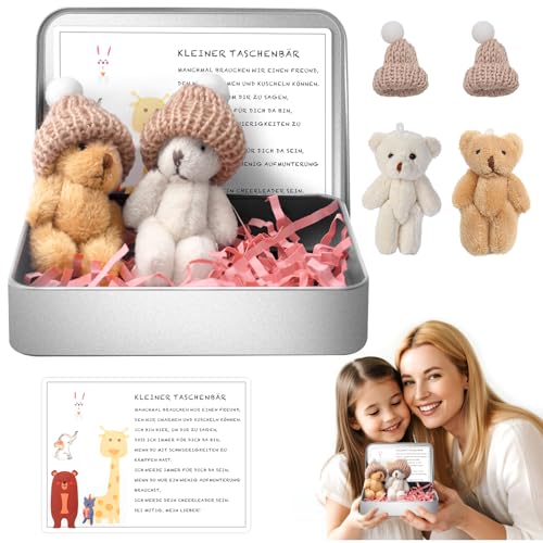 Teddybär Klein Deutsch Pocket Hug Bär In Einer Box Positive Kuscheltier Mini Stofftiere Kleiner Teddy Mit Karte & Geschenkbox Mini-Plüsch Figuren Geschenk für Geburtstag Weihnachtsfeier Freundin Mama