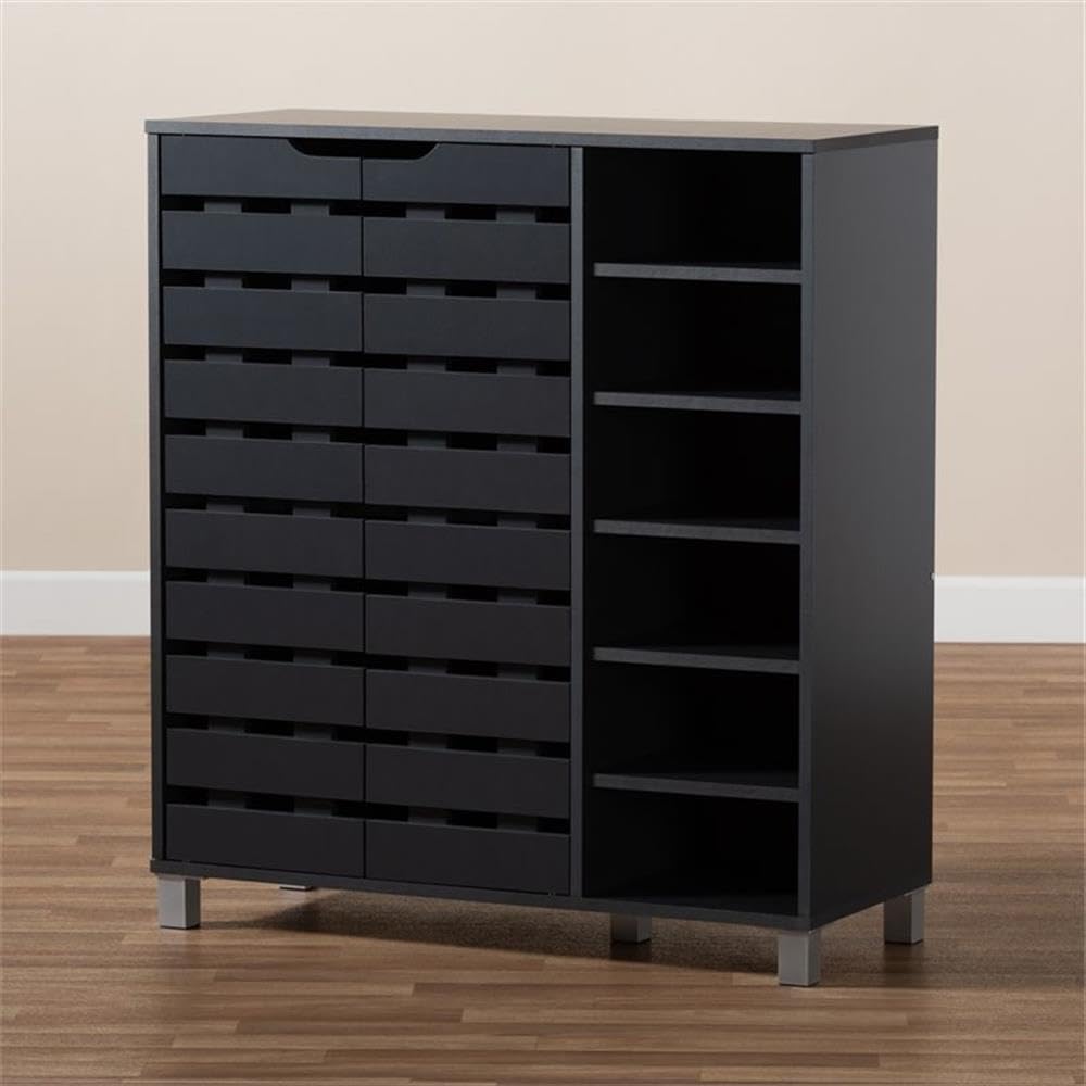 BOWERY HILL Modern and Contemporary Dark Grey Finished 2-Door Wood Shoe Storage Cabinet with Open Shelves