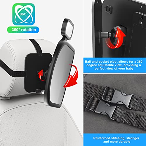 Joydow Baby Car Mirror With Night Light, Safety Rear Facing Car Seat Mirror For Infant Newborn, Wide Crystal Clear View 360° Adjustable, Crash Tested & Shatterproof, Soft Night Light #TOP3