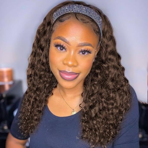 Image of Chocolate Brown Deep Wave Headband Wig Human Hair Curly for Women 16 Inch | #4 Colored, Glueless, 150% Density, None Lace Front, Brazilian Virgin, Machine Made