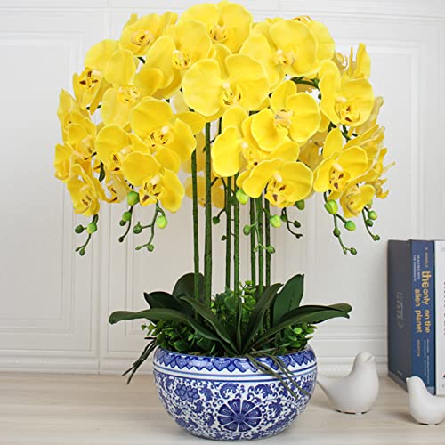 FagusHome 32 Inches Artificial Phalaenopsis Flowers 4 Pcs with 2 bundles Leaves Artificial Orchid Flowers Stem Plants for Home Décor (Yellow) - Image 4