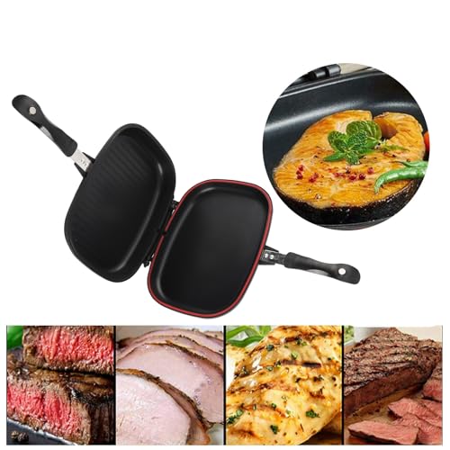 Akozon Bistecchiera per Frittura Double Side Maniglia Anti-ustione Portatile Forniture da Pentola per Griglia 32 Cm / 12,6 Pollici Padella per Friggere a Doppia Faccia