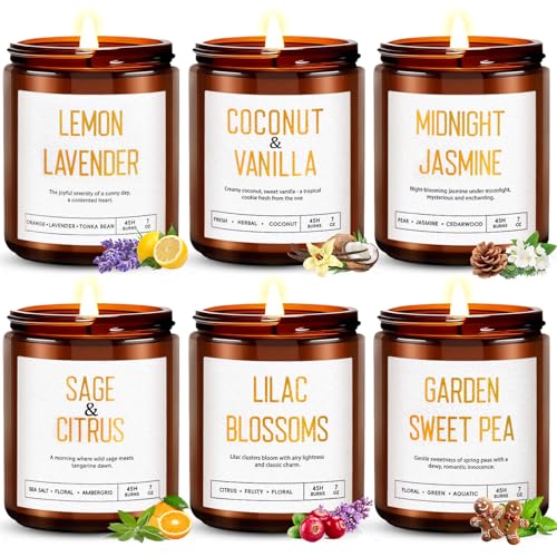 Candles for Home Scented - 6 Pack 42oz Soy Candles with Lavender, Coconut, Jasmine, Sage, Lilac Blossoms, Sweet Pea, 300 Hour Long Lasting Aromatherapy Candles Gift Set for Women, Christmas, Holiday