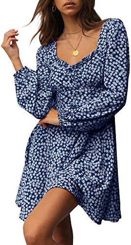 Yobecho Womens Summer Ruffle Sleeve Sweetheart Neckline Printing Dress (Small, X-Navy Blue)