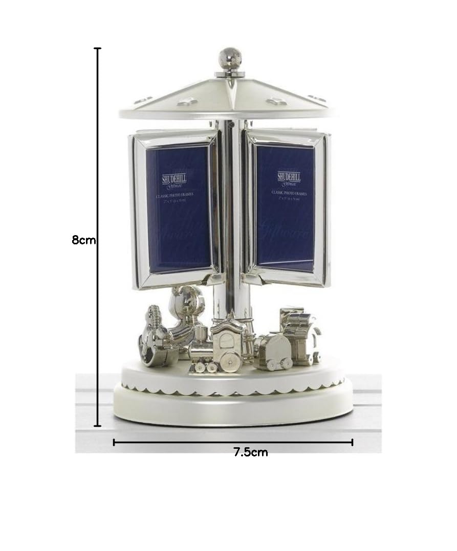 Shudehill Giftware Cadre photo musical rond point tournant pour chambre d'enfant Cadeau de baptême 26,8 x 19 cm, Argenté.