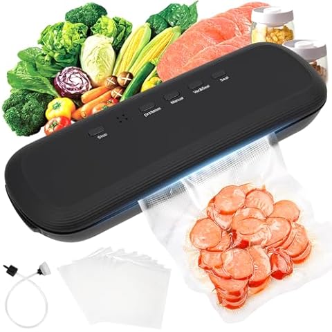 Fanadith Vacuum Sealer Machine, Food Vacuum Sealer Machine with Build-in Cutter, Compact Design with External Vacuum System with 10 Seal Bags Kit, Dry Moist Fresh Modes (Black) Cover