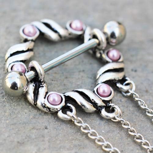 Vista 2 de 14GA - Escudos de perforación para pezón con perlas sintéticas rosadas, Acero inoxidable, sintético