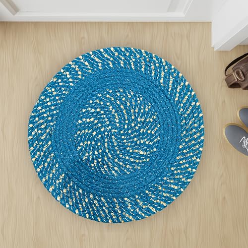 Image of Cotton Round Doormat for Entrance|Handmade Cotton Doormat | Quick Dry, Washable Door Mat for Home, Bathroom & Bedroom - 16 Inch Small (Sky-Coffee)