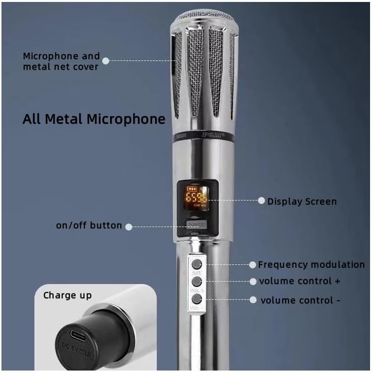 Handheld Wireless Microphone, Metal Version Rechargeable Wireless UHF Microphone,240Ft, Handheld Dynamic Wireless Mic for Large Stage Singing Karaoke Wedding DJ Party Speech Church Class high-end Mic - Image 7