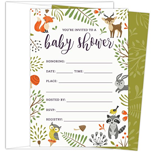 Woodland Baby Shower Invitations With Owl And Forest Animals. Set Of 25 Fill-In Style Blank Cards And Envelopes. Unisex Design Suitable For Boy Or Girl. #TOP18